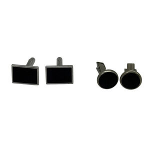 Fashion Rectangle and Round Silver Black Mens Cufflinks 2 Sets